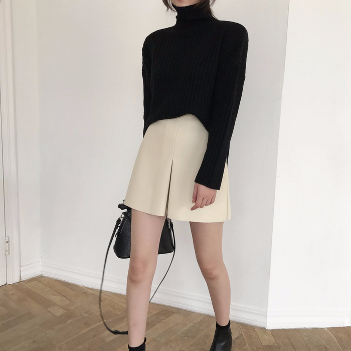 Incision a-line leather miniskirt Autumn leather p