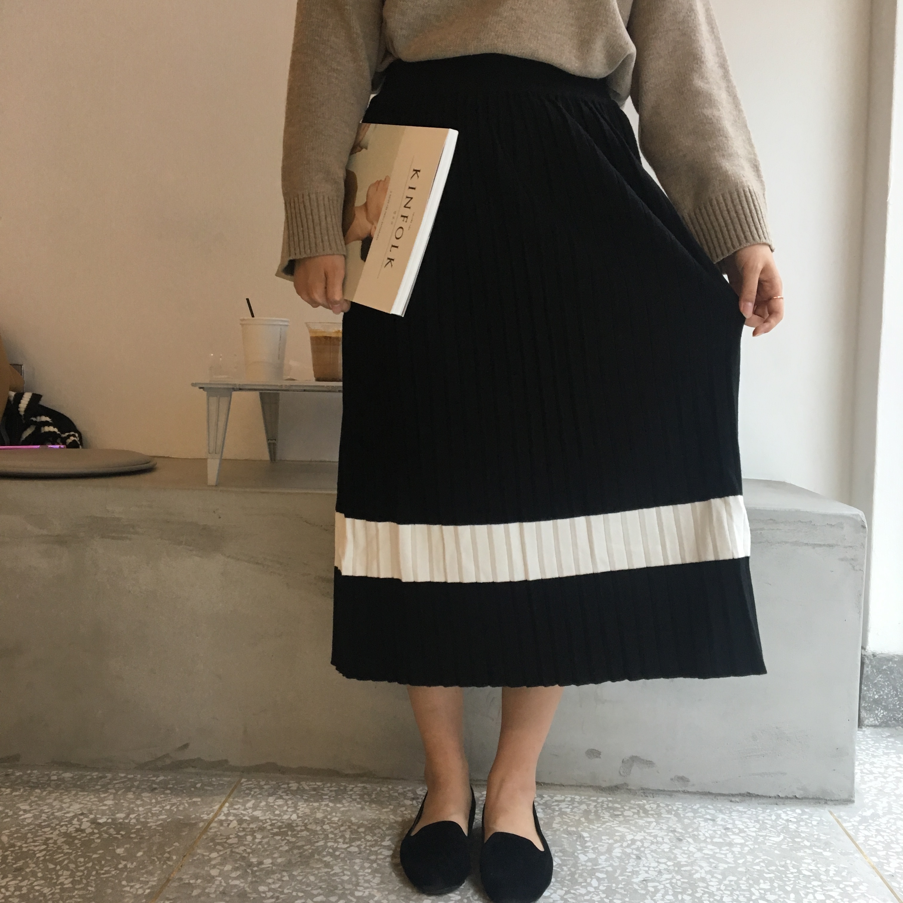 One-line Pleats Knit Long Skirt Women Fall Winter 