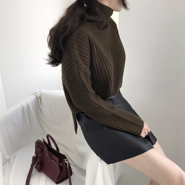 Incision a-line leather miniskirt Autumn leather p