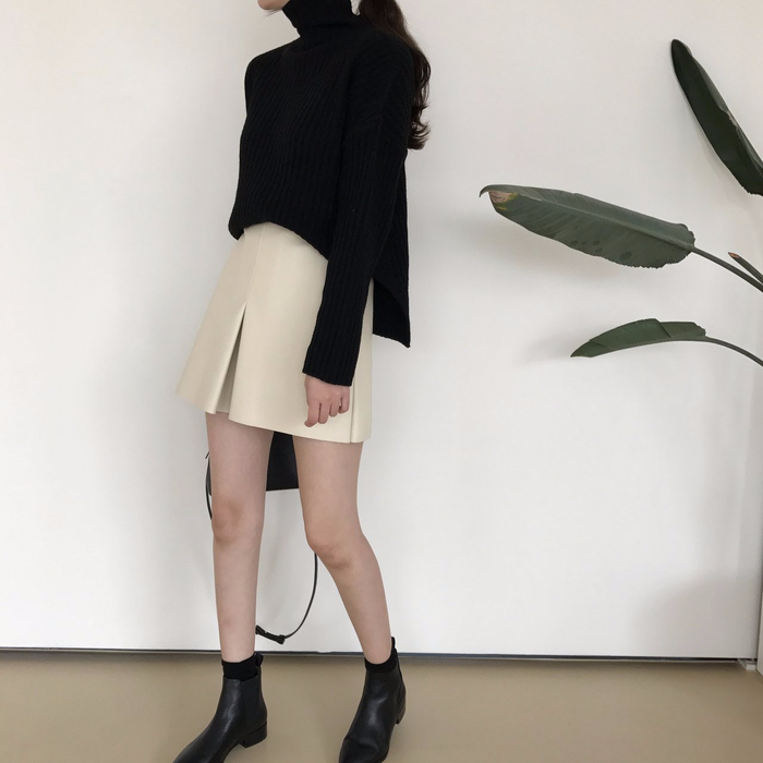 Incision a-line leather miniskirt Autumn leather p