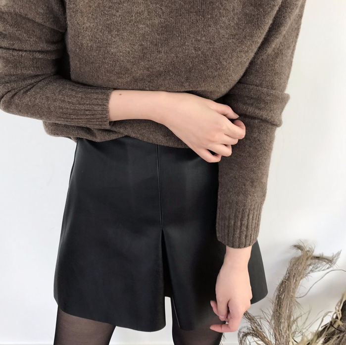 Incision a-line leather miniskirt Autumn leather p