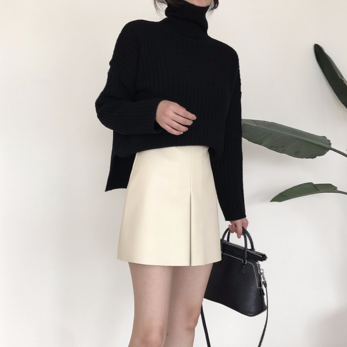 Incision a-line leather miniskirt Autumn leather p
