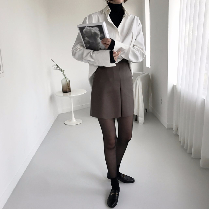 Incision a-line leather miniskirt Autumn leather p