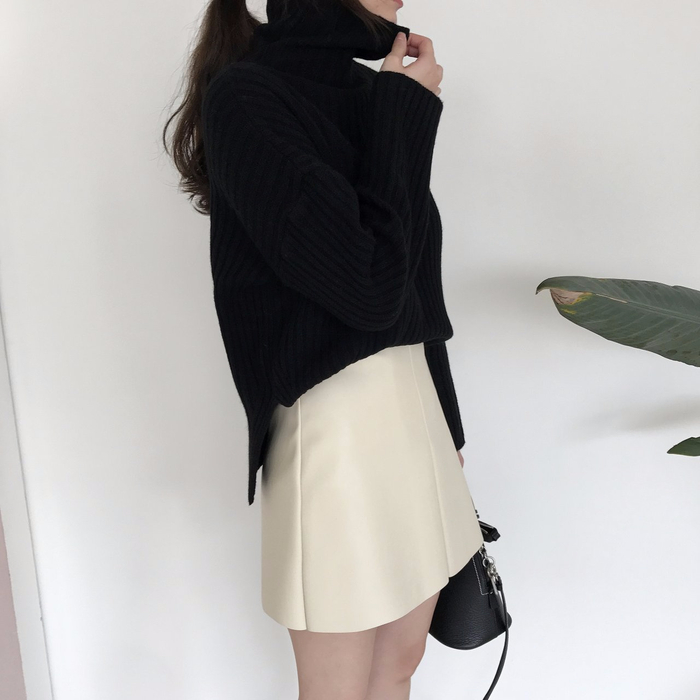 Incision a-line leather miniskirt Autumn leather p