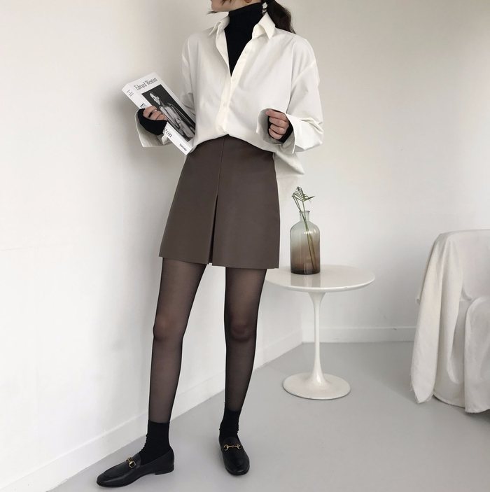 Incision a-line leather miniskirt Autumn leather p