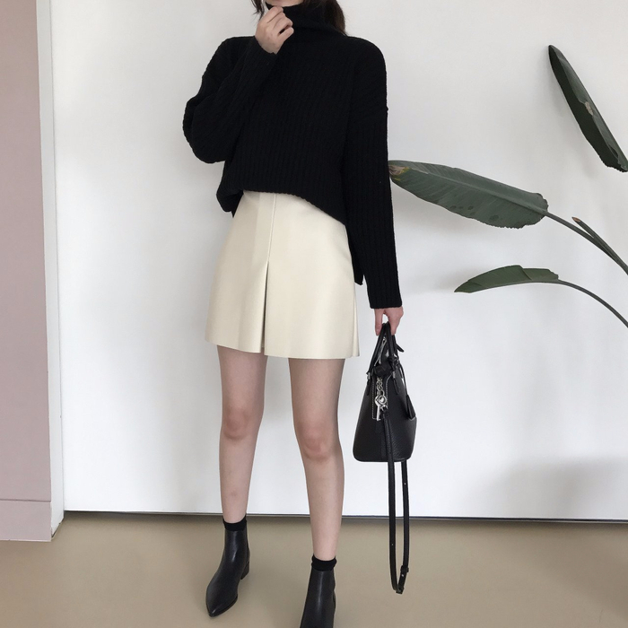 Incision a-line leather miniskirt Autumn leather p