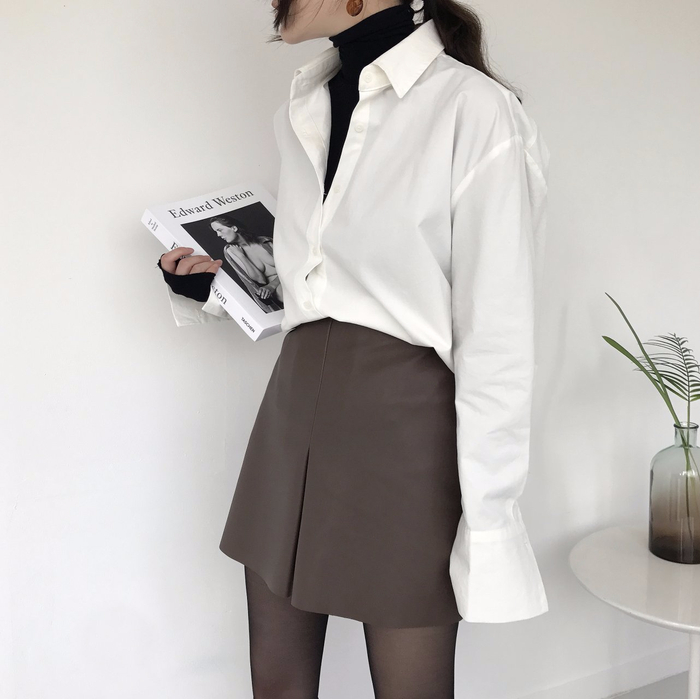 Incision a-line leather miniskirt Autumn leather p