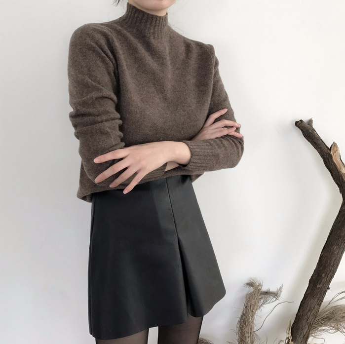 Incision a-line leather miniskirt Autumn leather p