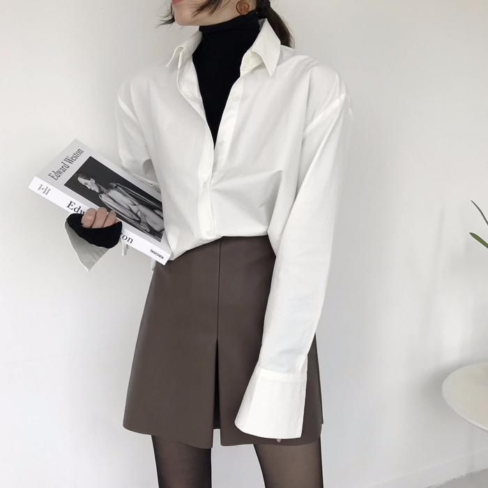 Incision a-line leather miniskirt Autumn leather p