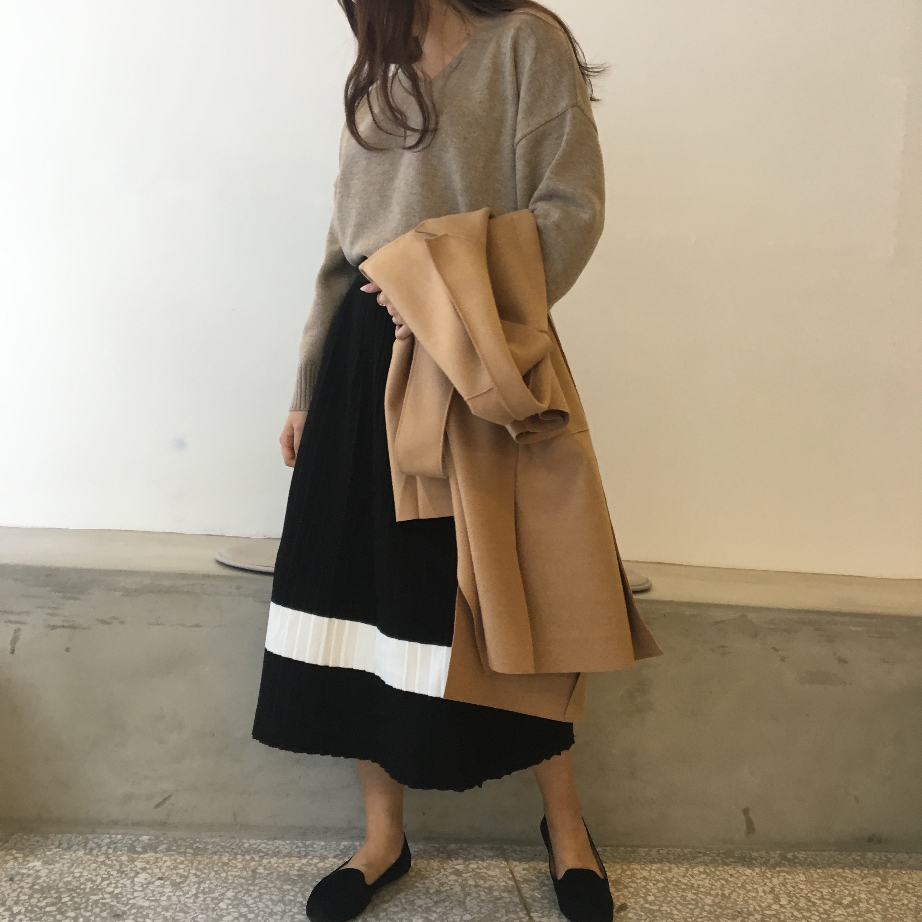 One-line Pleats Knit Long Skirt Women Fall Winter 