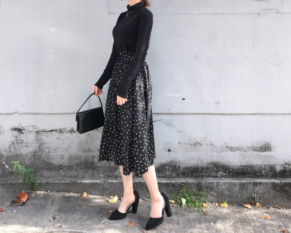 Autumn Frilled Dot Skirt Flare Midi Long Banding A