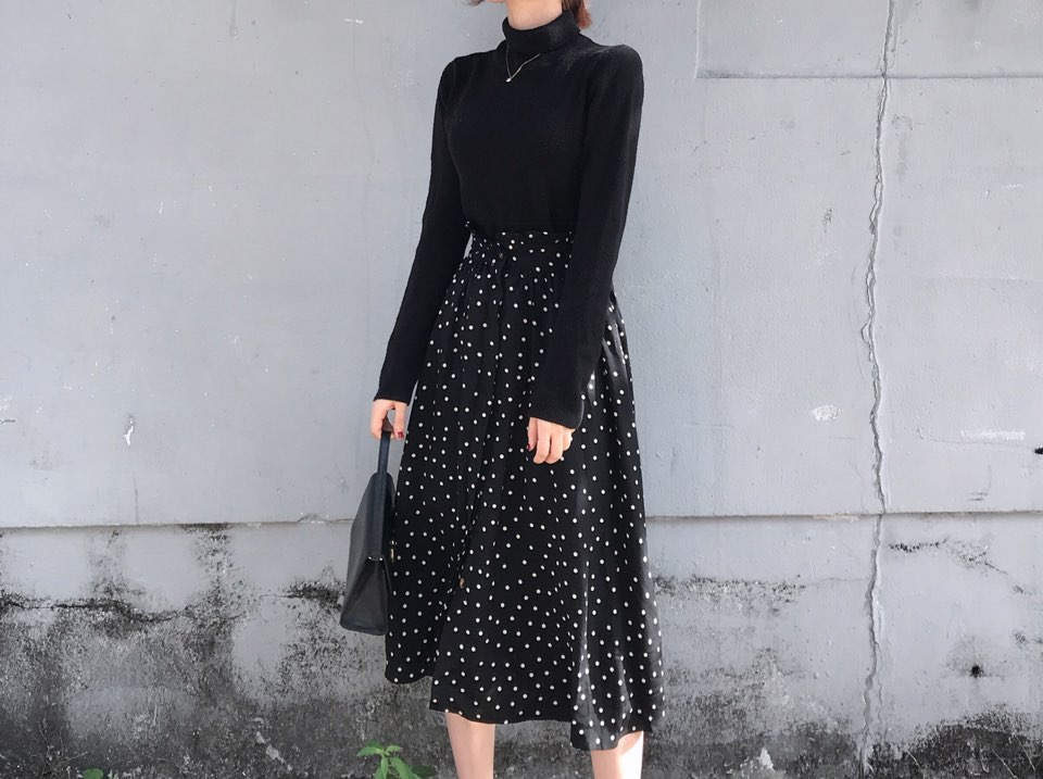 Autumn Frilled Dot Skirt Flare Midi Long Banding A