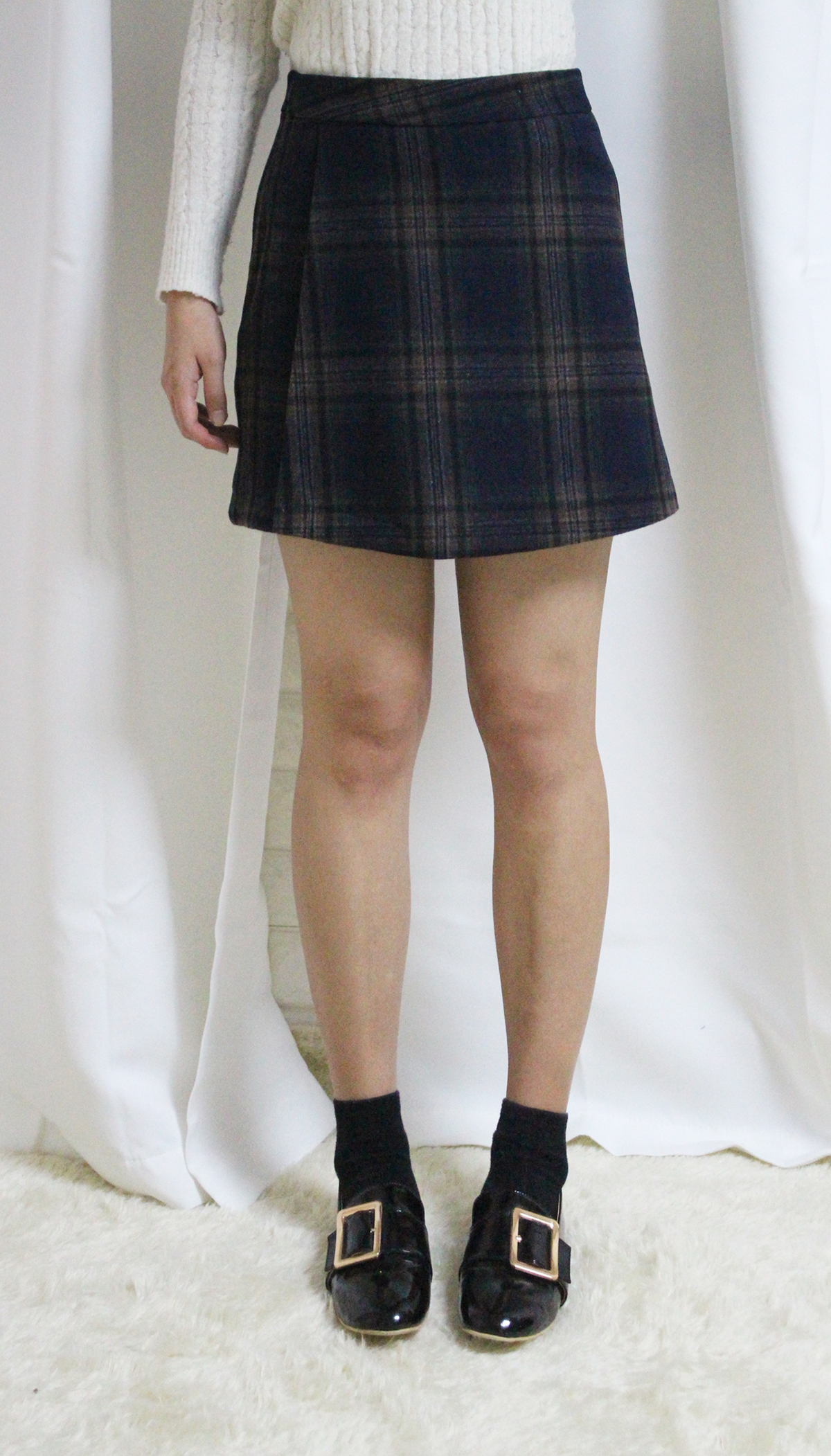 Check woolen wool mini skirt brushed pants 44 ~ 77