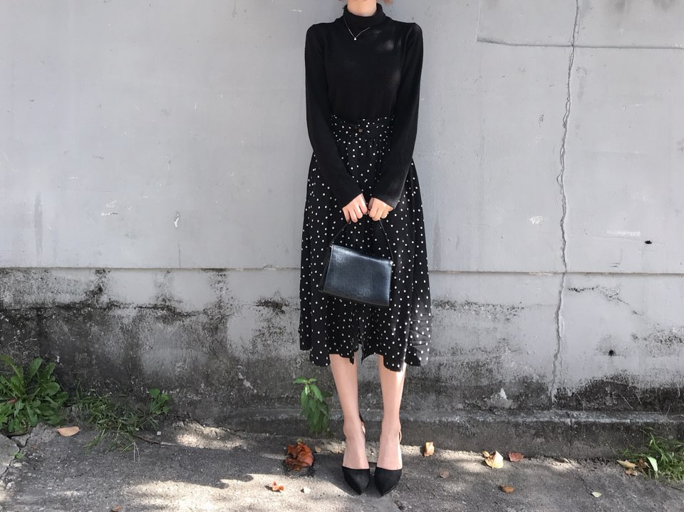 Autumn Frilled Dot Skirt Flare Midi Long Banding A