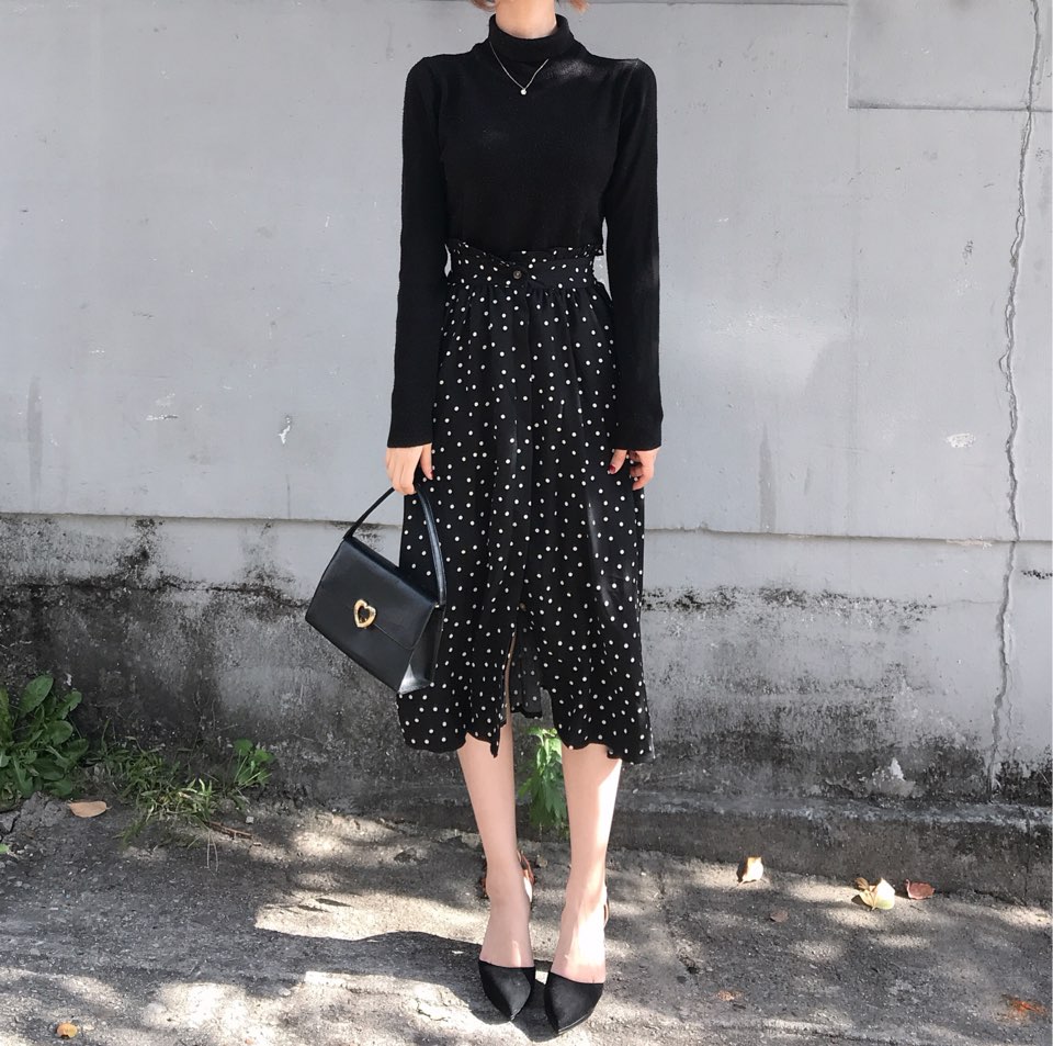 Autumn Frilled Dot Skirt Flare Midi Long Banding A