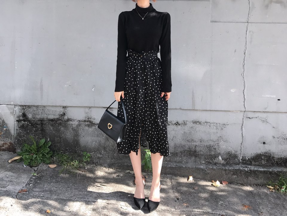 Autumn Frilled Dot Skirt Flare Midi Long Banding A