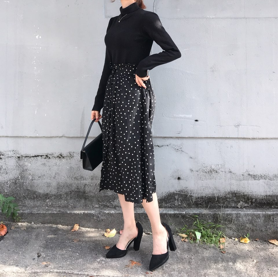Autumn Frilled Dot Skirt Flare Midi Long Banding A