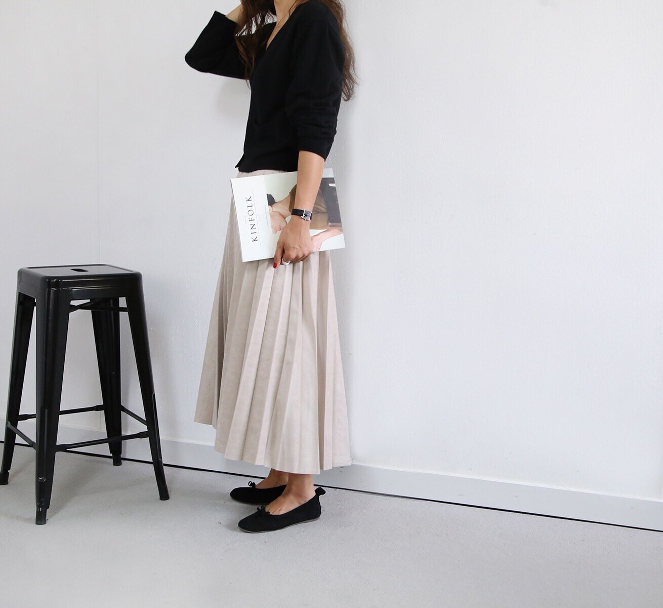 Tax pleat wrinkle long skirt color banding suede a