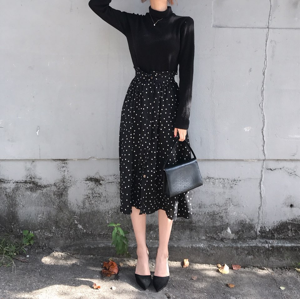 Autumn Frilled Dot Skirt Flare Midi Long Banding A