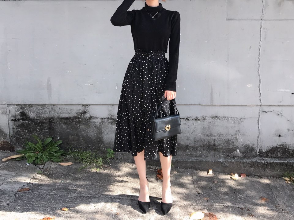 Autumn Frilled Dot Skirt Flare Midi Long Banding A