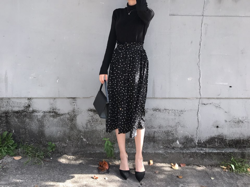 Autumn Frilled Dot Skirt Flare Midi Long Banding A