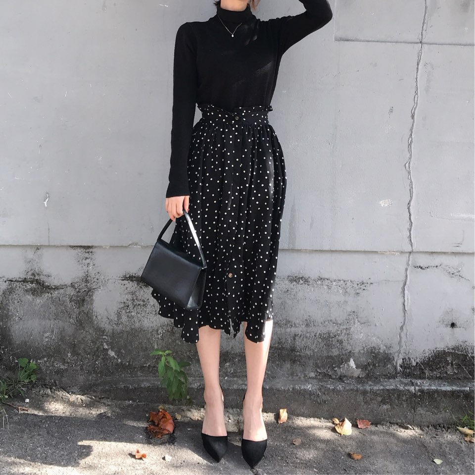 Autumn Frilled Dot Skirt Flare Midi Long Banding A
