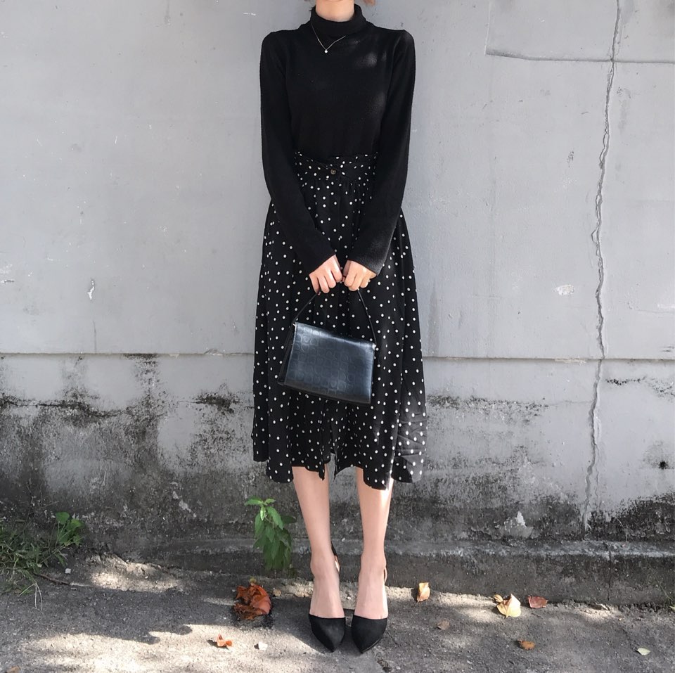 Autumn Frilled Dot Skirt Flare Midi Long Banding A