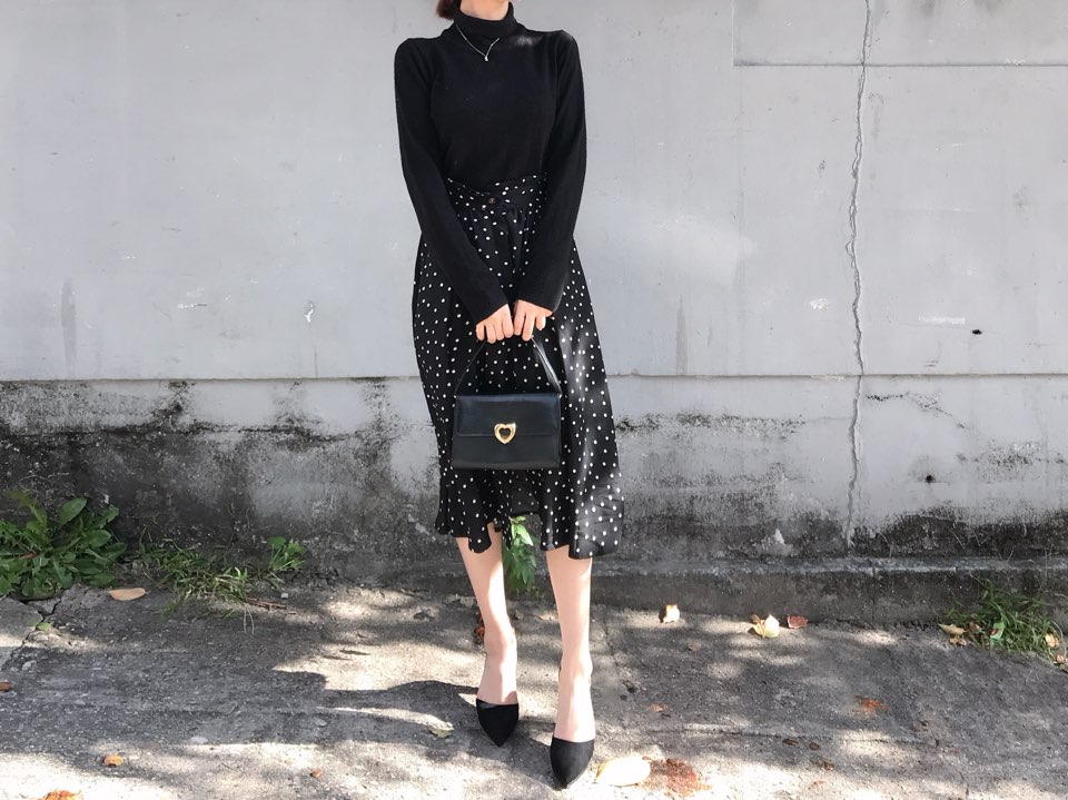 Autumn Frilled Dot Skirt Flare Midi Long Banding A