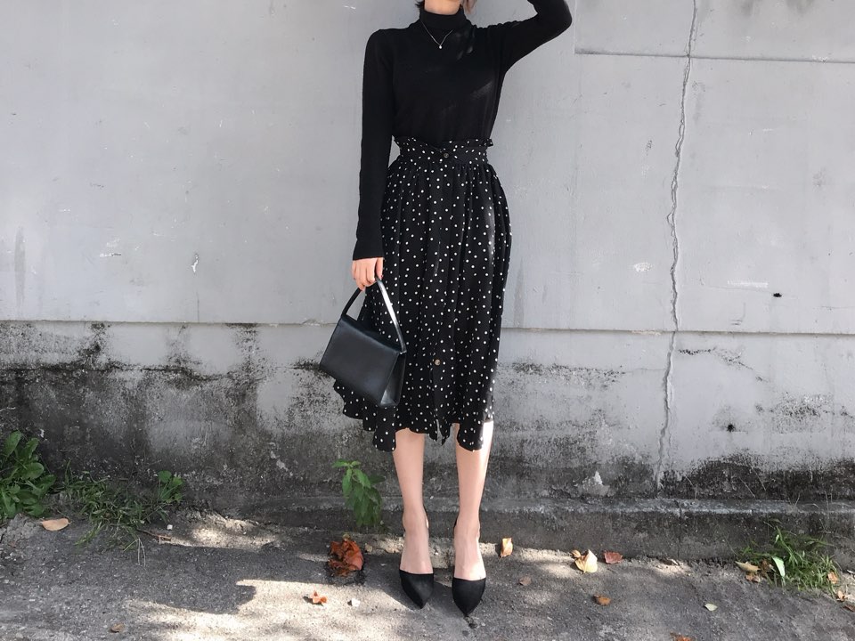 Autumn Frilled Dot Skirt Flare Midi Long Banding A