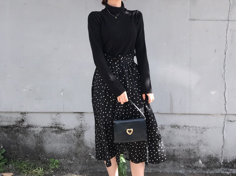 Autumn Frilled Dot Skirt Flare Midi Long Banding A