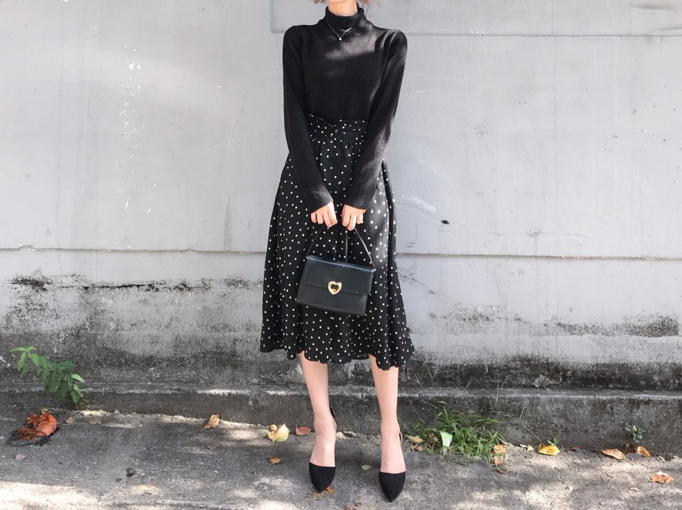 Autumn Frilled Dot Skirt Flare Midi Long Banding A