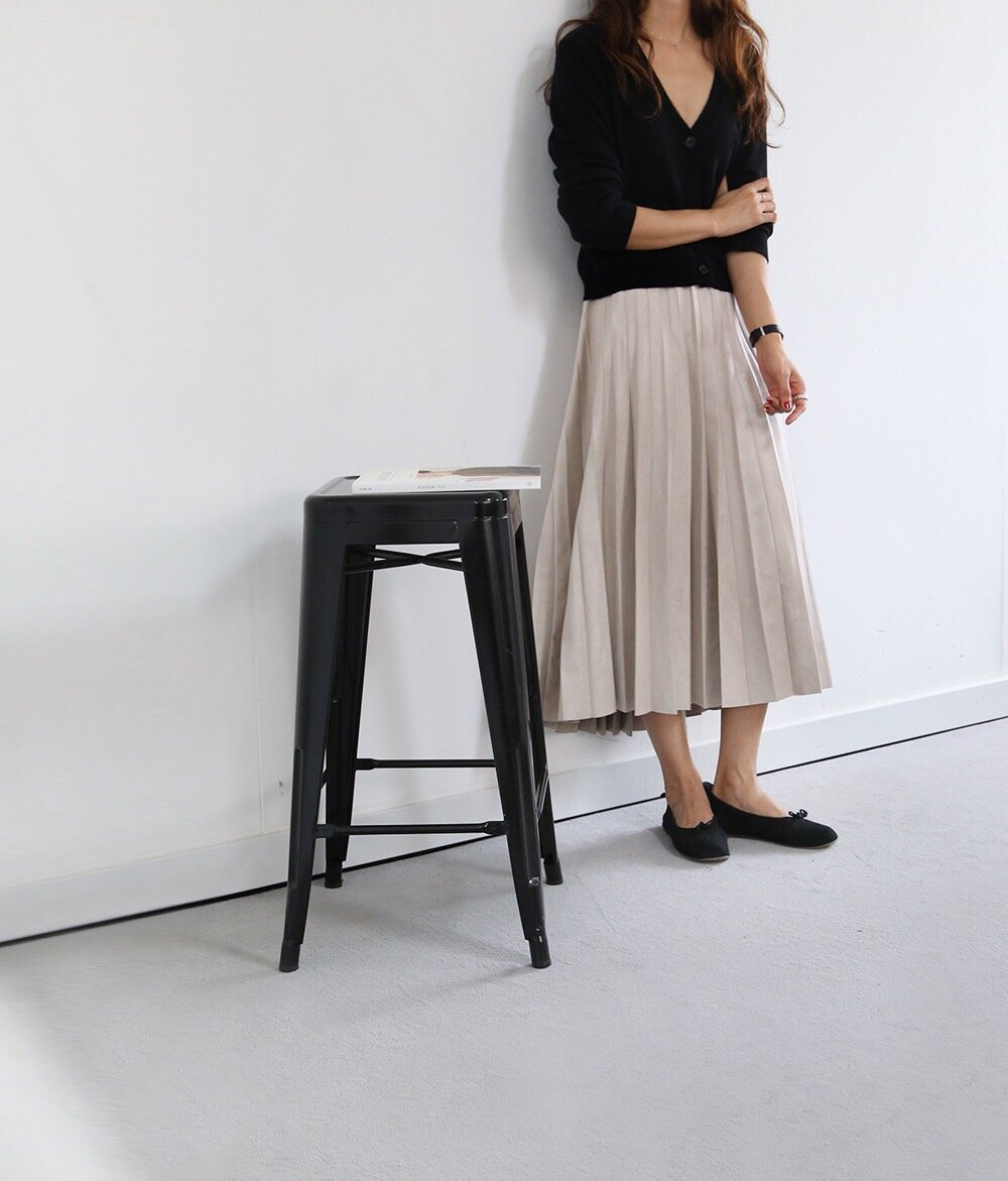 Tax pleat wrinkle long skirt color banding suede a