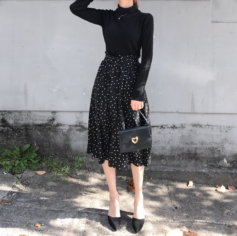 Autumn Frilled Dot Skirt Flare Midi Long Banding A