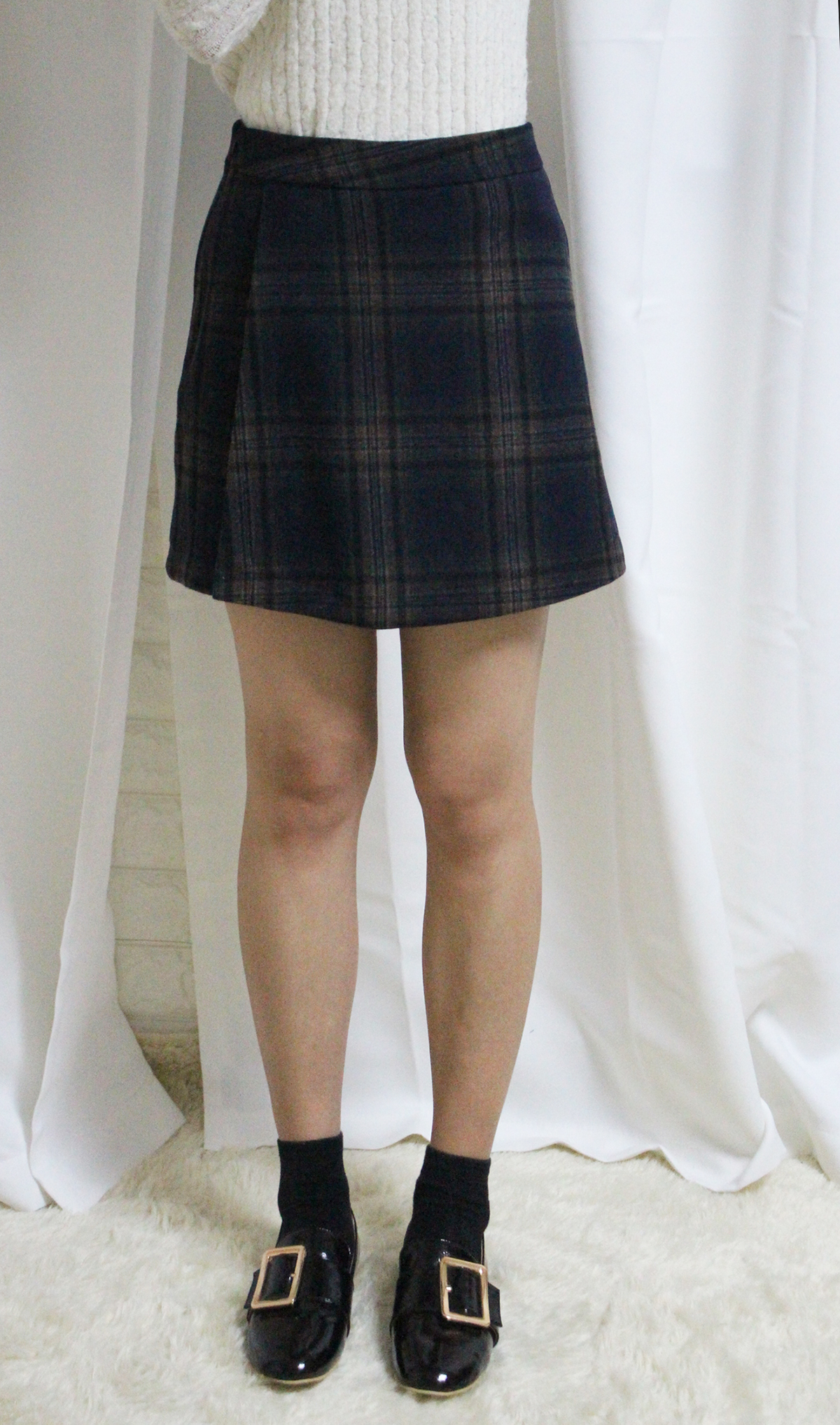 Check woolen wool mini skirt brushed pants 44 ~ 77