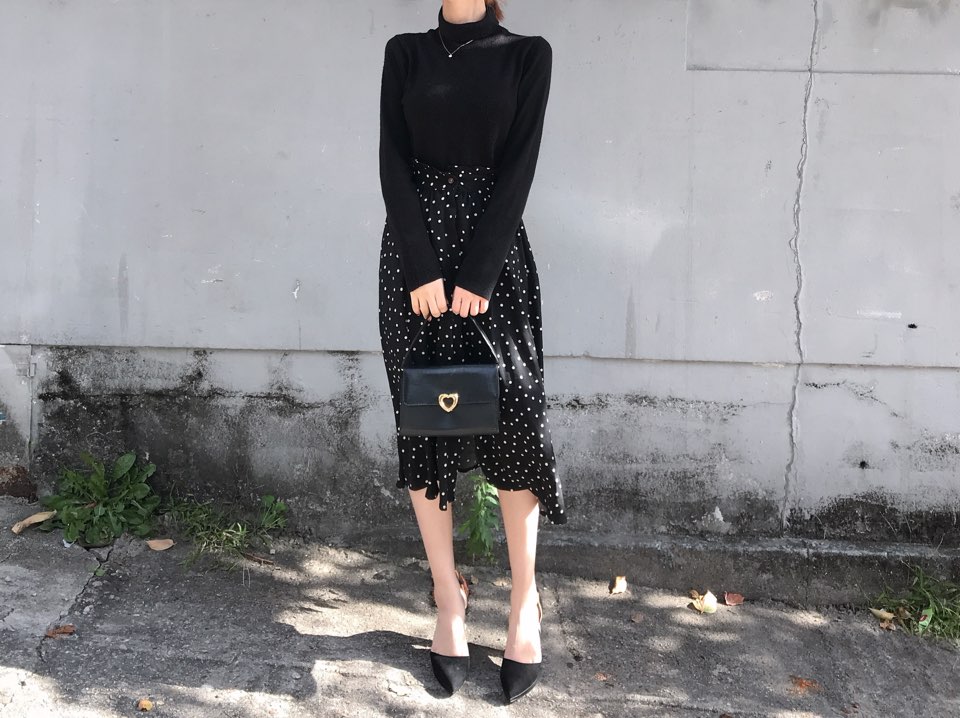 Autumn Frilled Dot Skirt Flare Midi Long Banding A