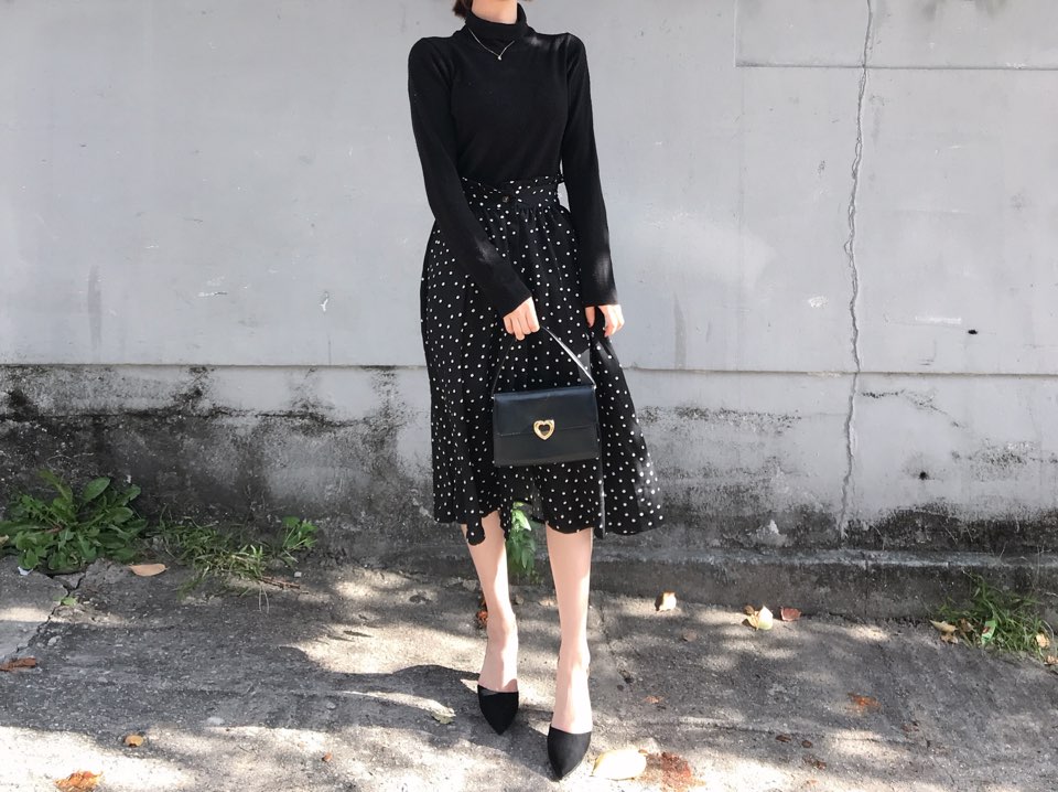Autumn Frilled Dot Skirt Flare Midi Long Banding A