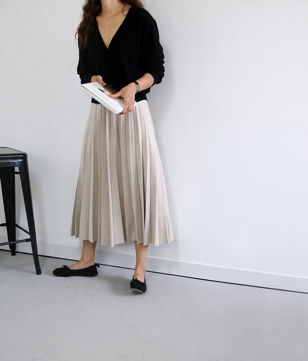 Tax pleat wrinkle long skirt color banding suede a