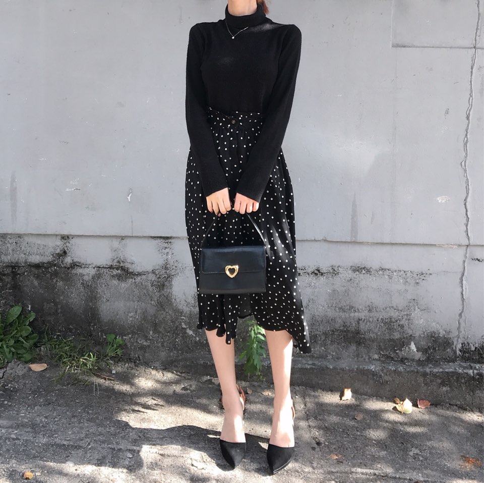 Autumn Frilled Dot Skirt Flare Midi Long Banding A