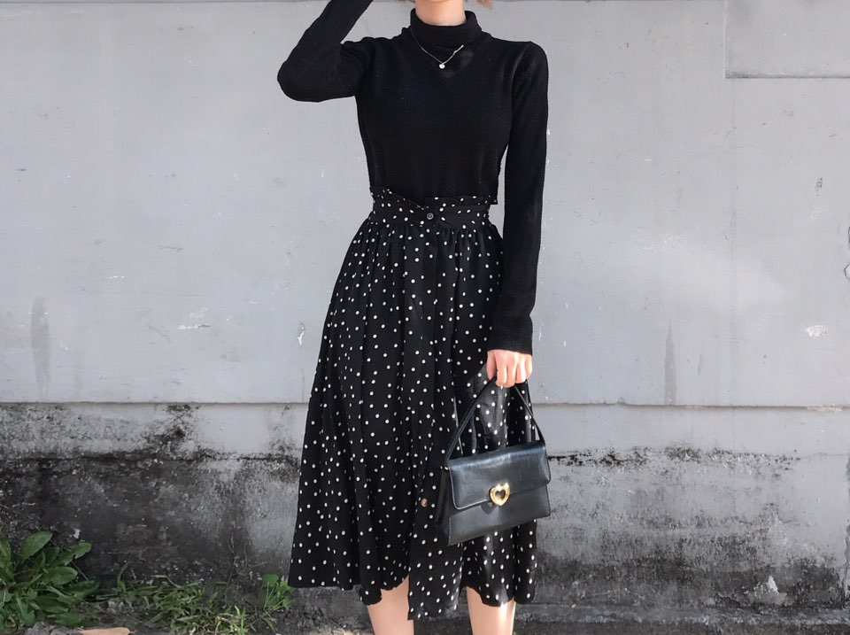 Autumn Frilled Dot Skirt Flare Midi Long Banding A