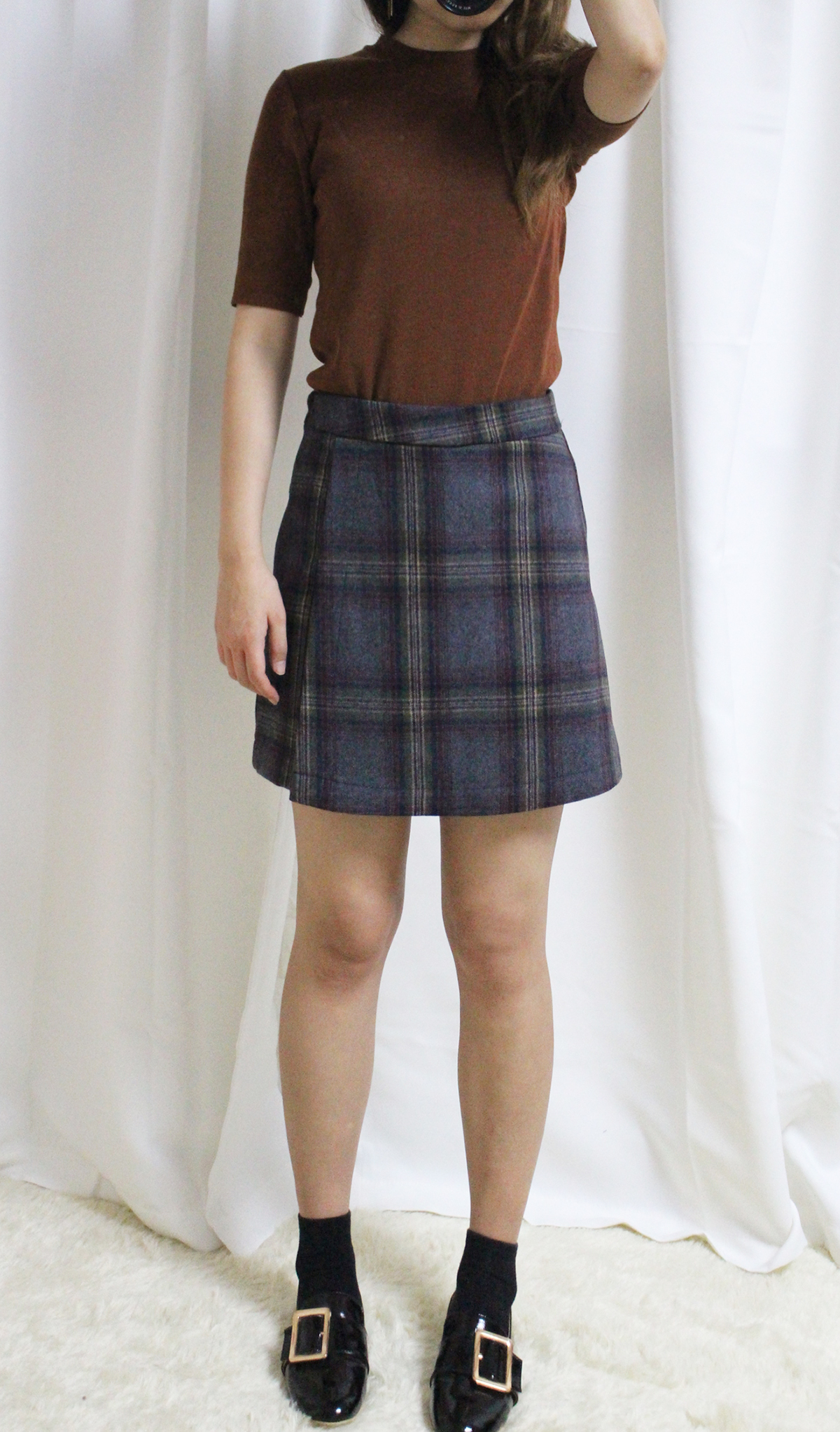 Check woolen wool mini skirt brushed pants 44 ~ 77