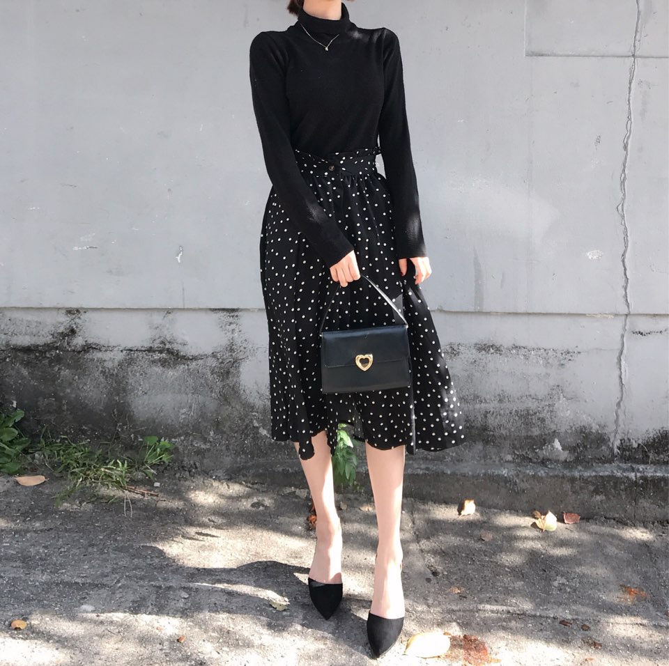 Autumn Frilled Dot Skirt Flare Midi Long Banding A