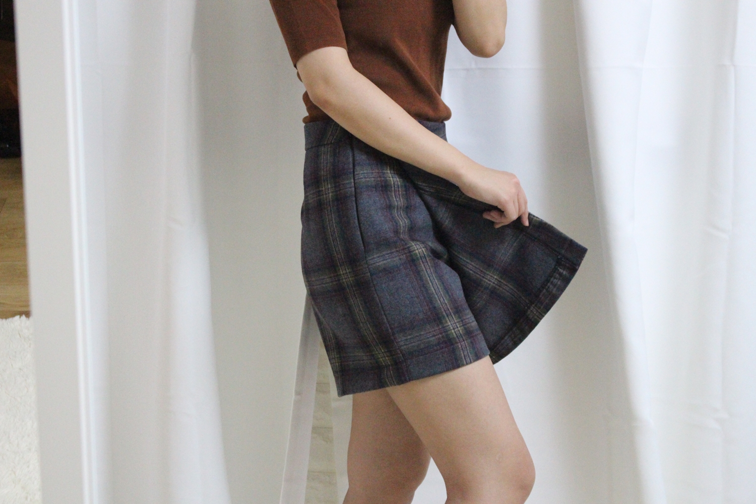 Check woolen wool mini skirt brushed pants 44 ~ 77