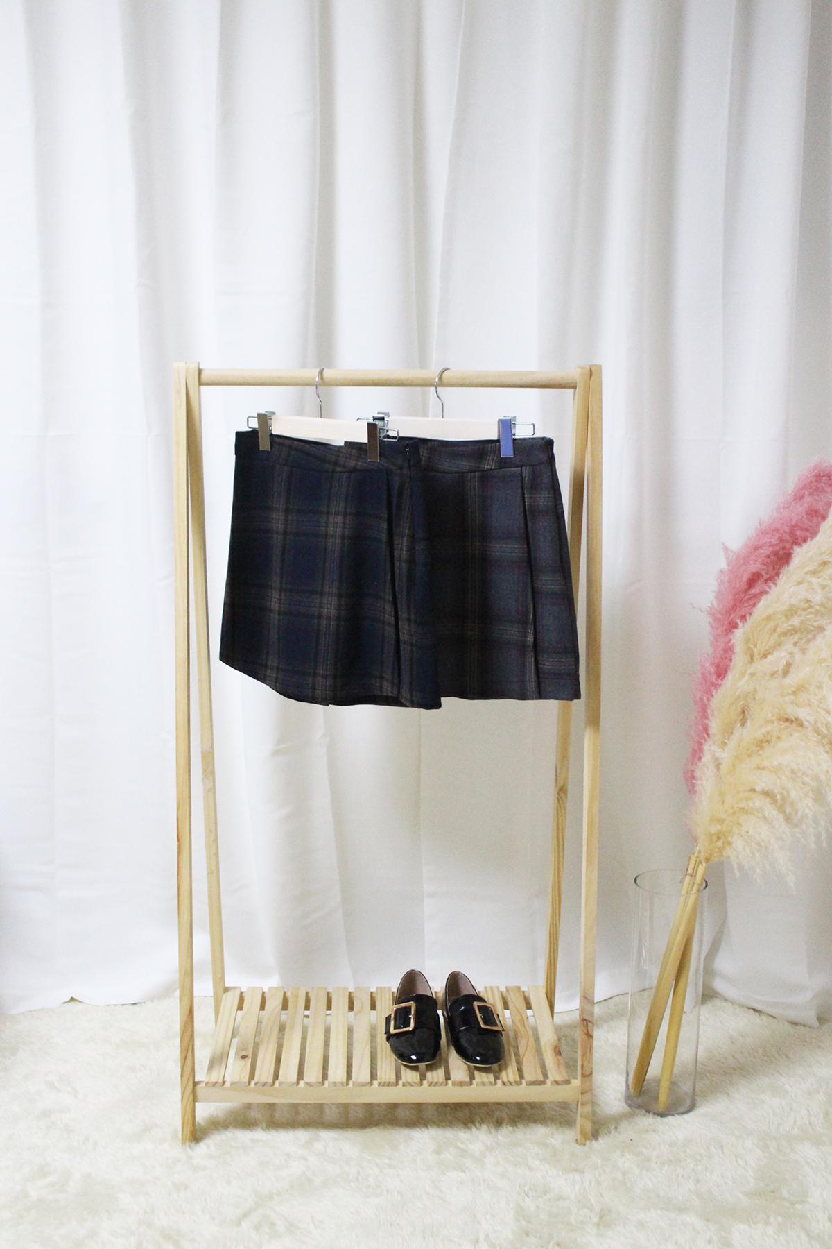 Check woolen wool mini skirt brushed pants 44 ~ 77