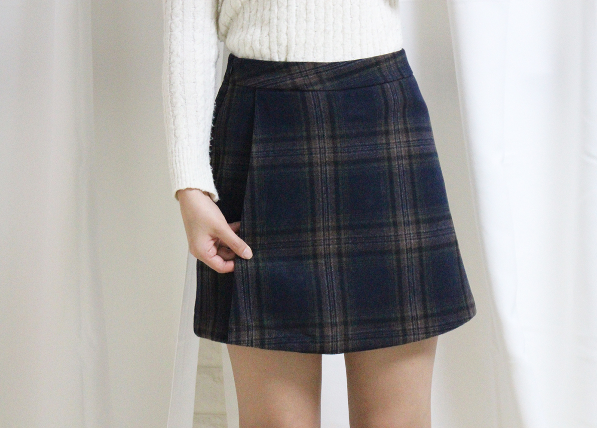 Check woolen wool mini skirt brushed pants 44 ~ 77