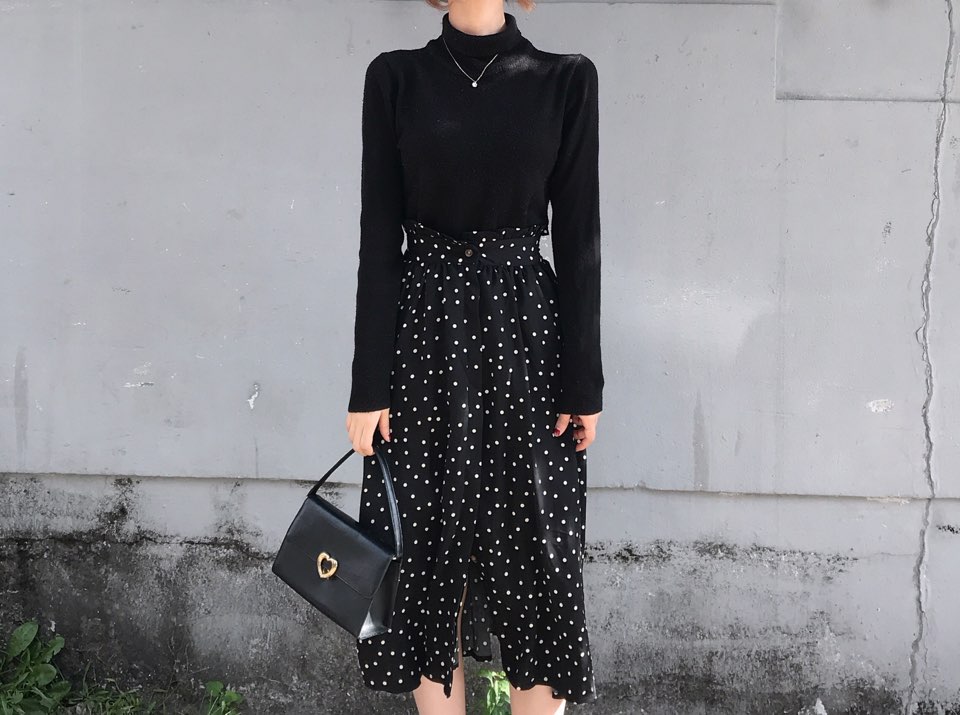 Autumn Frilled Dot Skirt Flare Midi Long Banding A