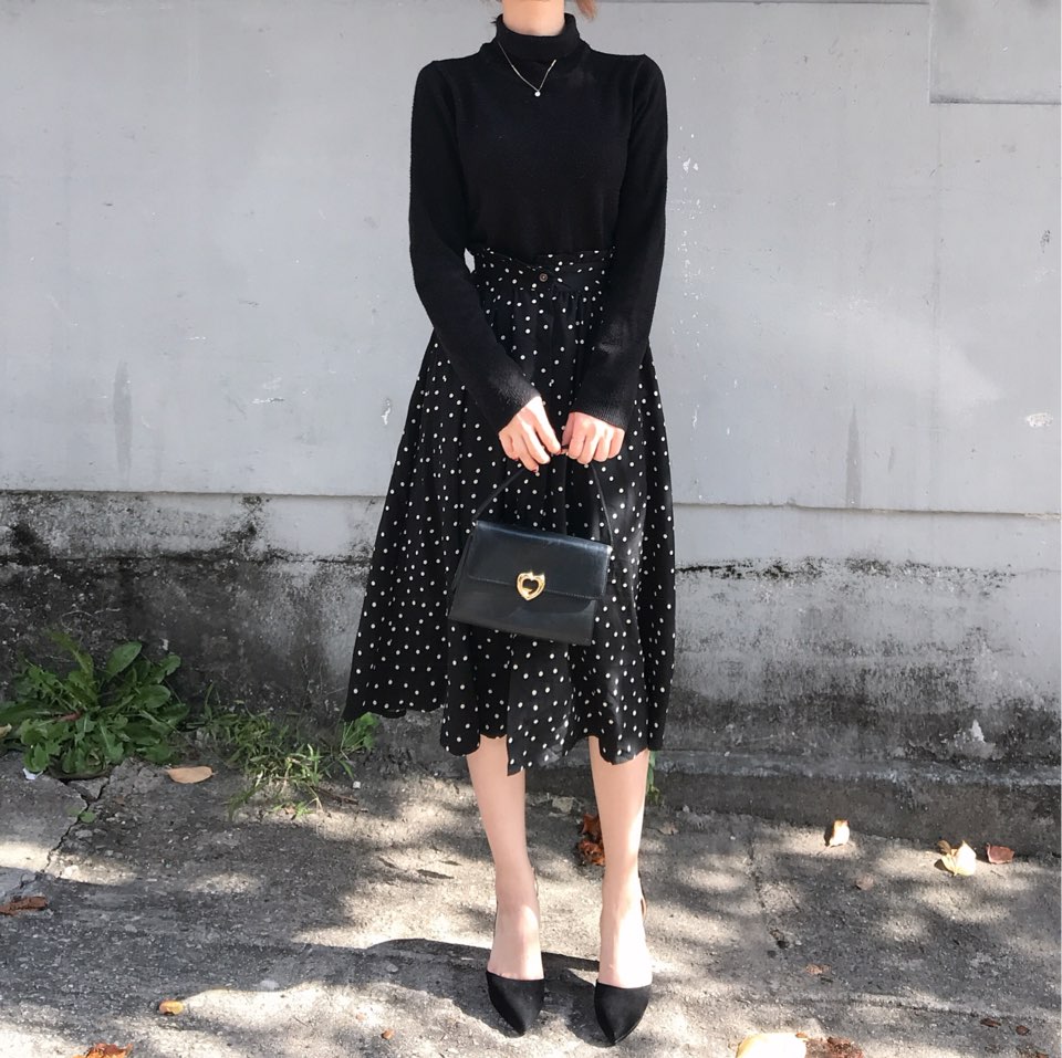 Autumn Frilled Dot Skirt Flare Midi Long Banding A