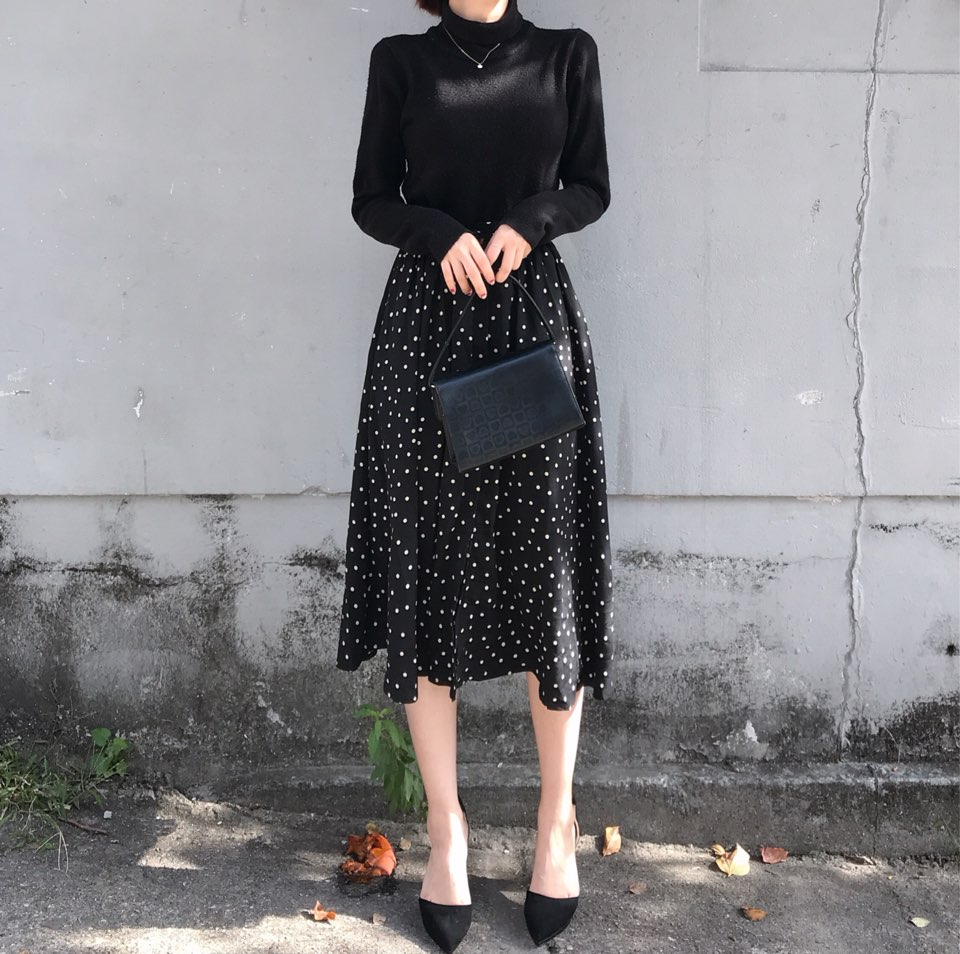 Autumn Frilled Dot Skirt Flare Midi Long Banding A