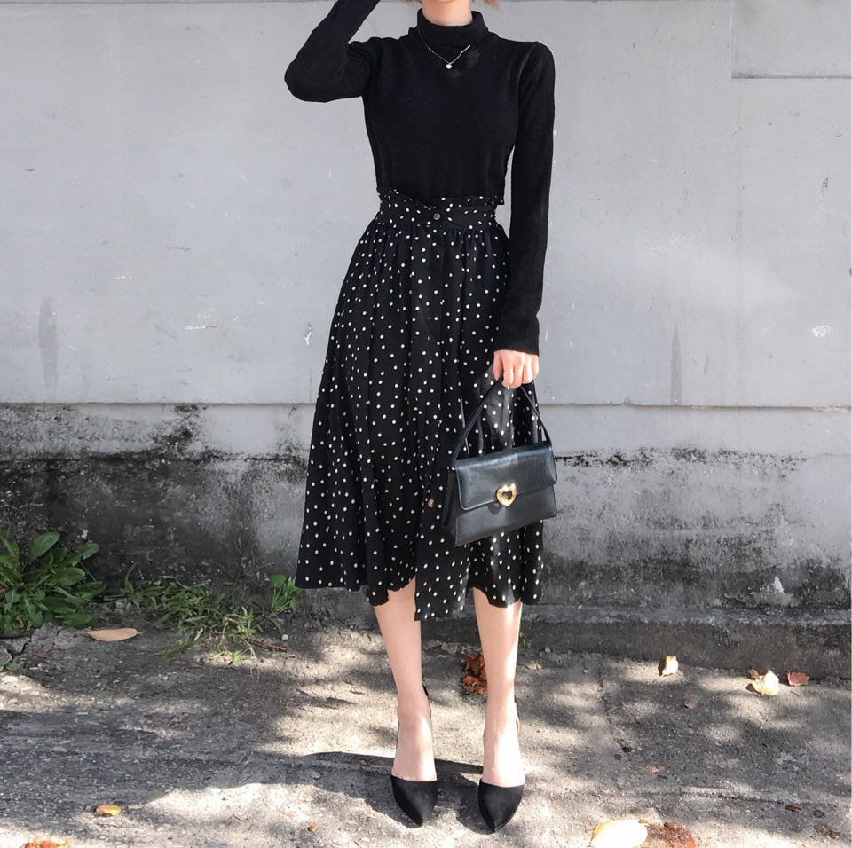 Autumn Frilled Dot Skirt Flare Midi Long Banding A