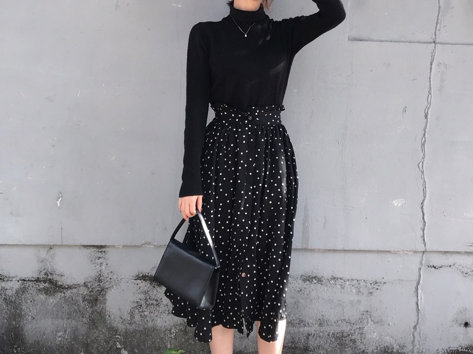 Autumn Frilled Dot Skirt Flare Midi Long Banding A