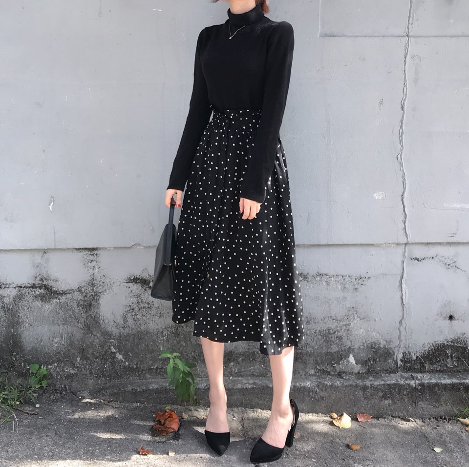 Autumn Frilled Dot Skirt Flare Midi Long Banding A